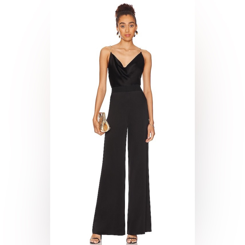 Alice + Olivia Riska Cowl Neck Chain Strap Jumpsuit, Black, Size 8